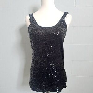Black Sequin Tank Top | 90s Y2K Party Cami Shimmer Evening Layer Goth Fairy M